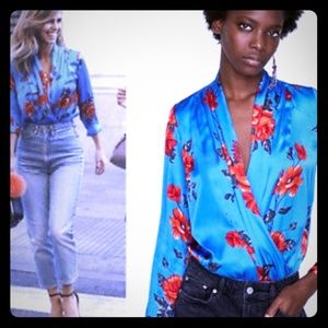 ZARA blue with red flowers silk body suit.